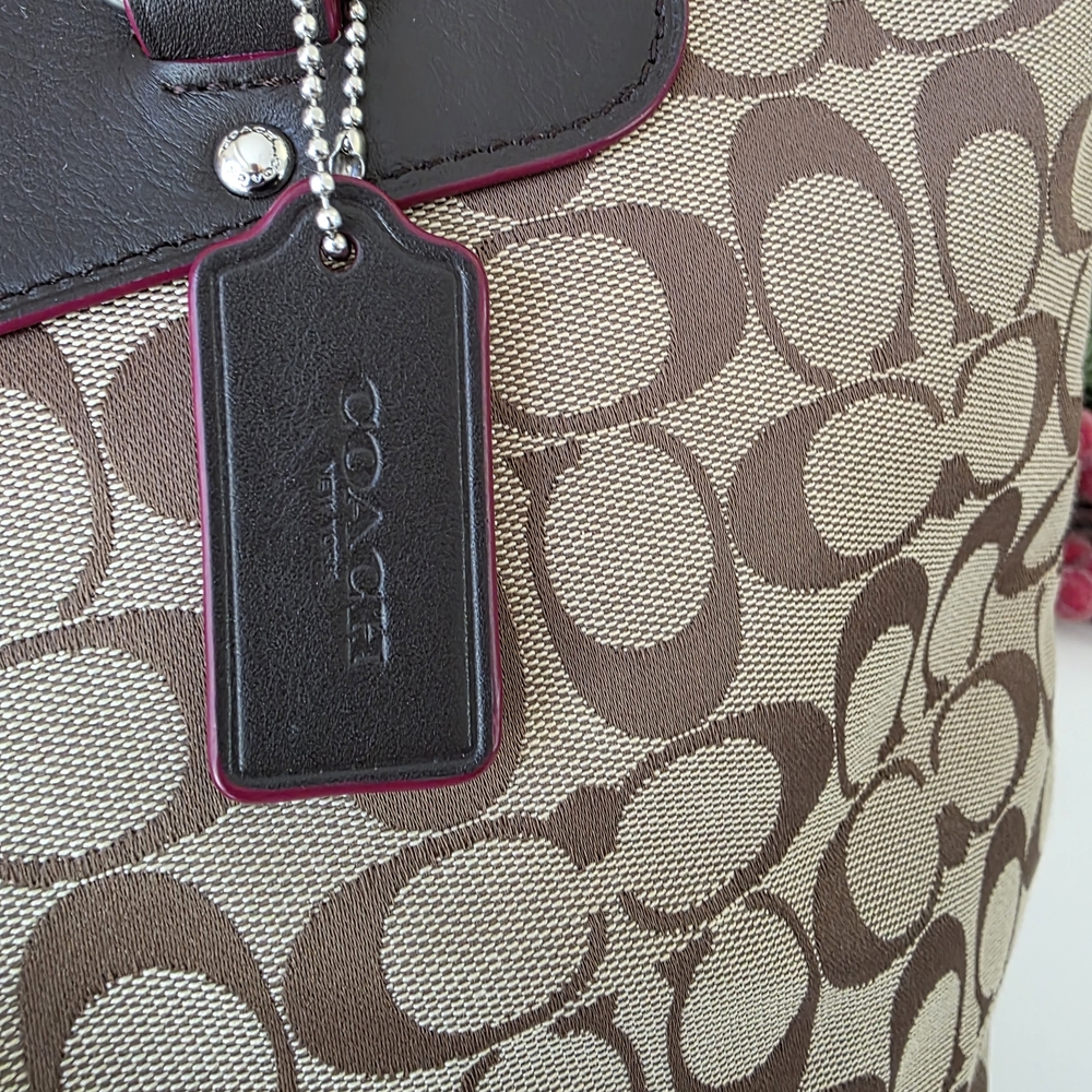 Coach Signature Pleat Tote - Khaki/Tan Canvas With Brown Leather & Pink Accents - Picture 2 of 16